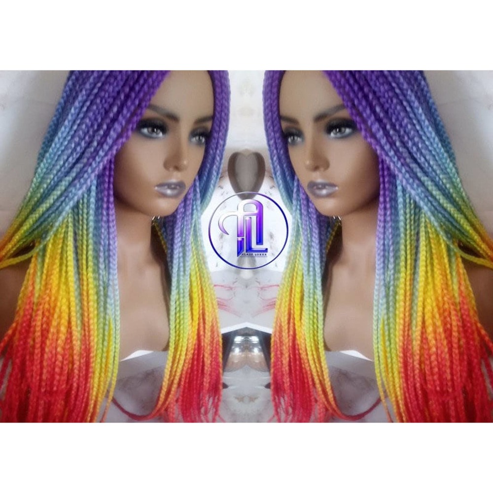 Rainbow Wig Mermaid Purple Blue Orange Box Braids braided Lace Part Wig Pride